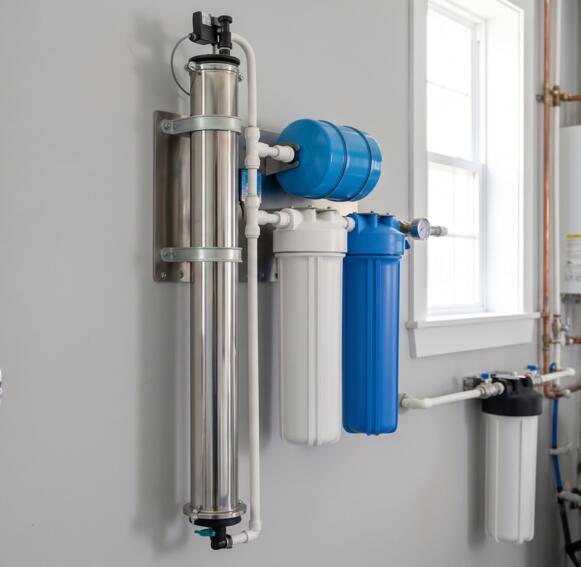 Een TAC-waterconditioner (template-assisted crystallization) aan de wand, met roestvrijstalen cilinder en voorfilters