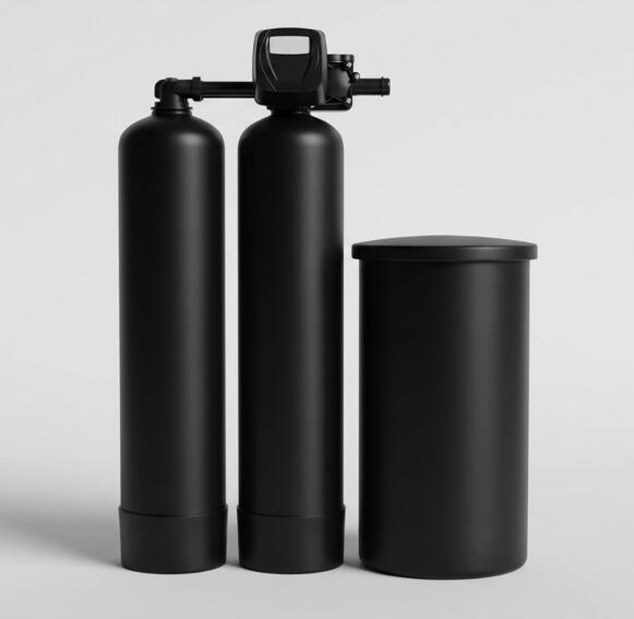 Twin-tank waterontharder met twee harscilinders en aparte zoutbak (studiobeeld)