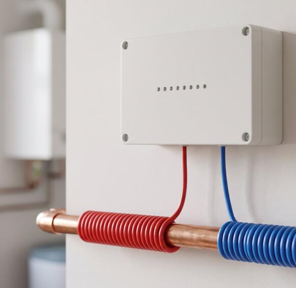 Een elektronisch impulstoestel: wandbox met rode en blauwe spoelen rond een koperen waterleiding